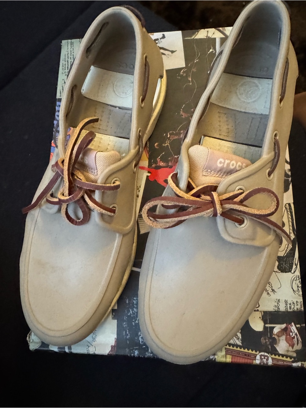 CROCS Men's Beige/Tan Boat Shoes with Brown Laces